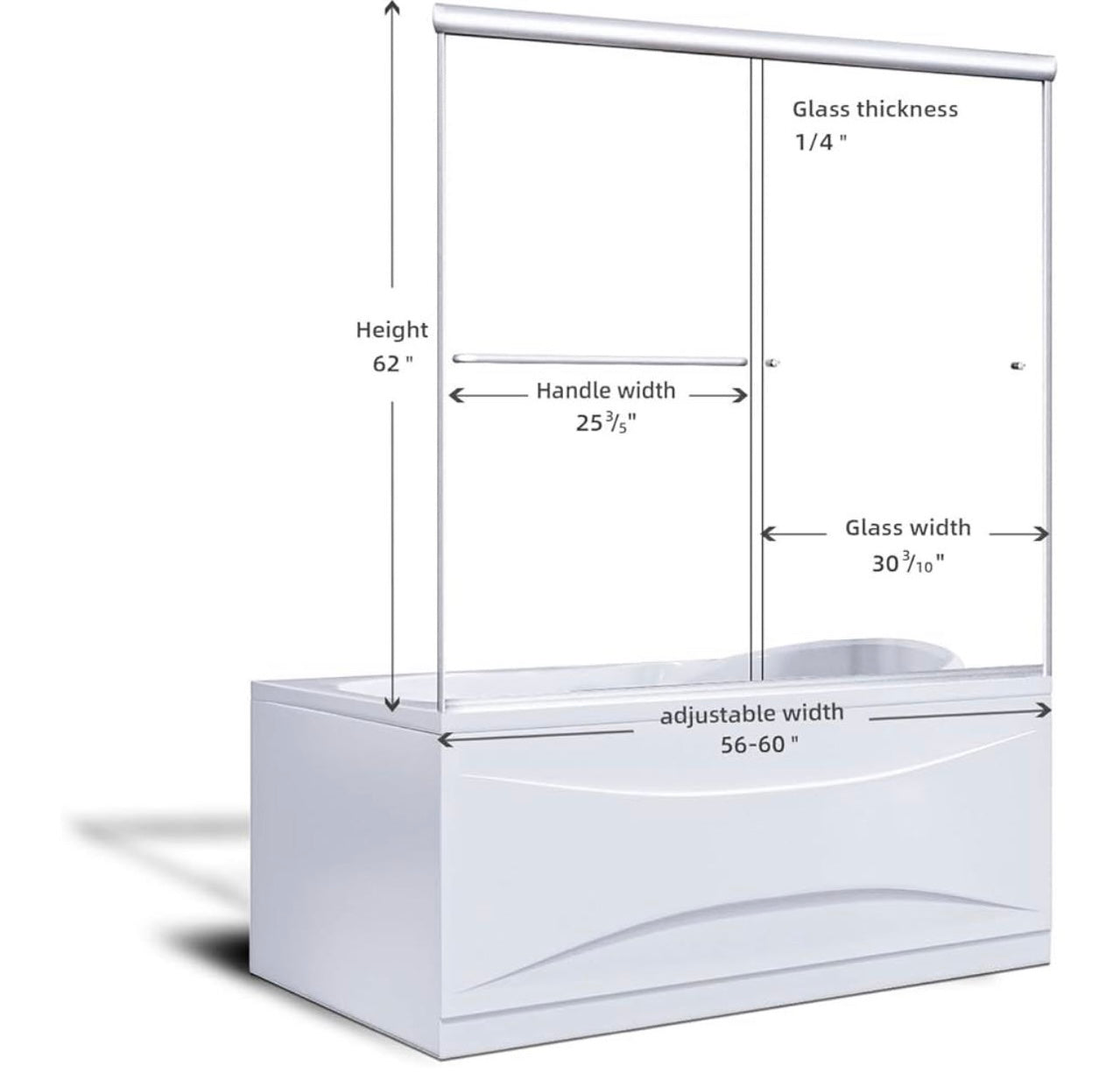 60" W x 60" H Semi-Frameless Shower Door Frosted Glass Sliding Bathtub Door(Excluding frame and handle)