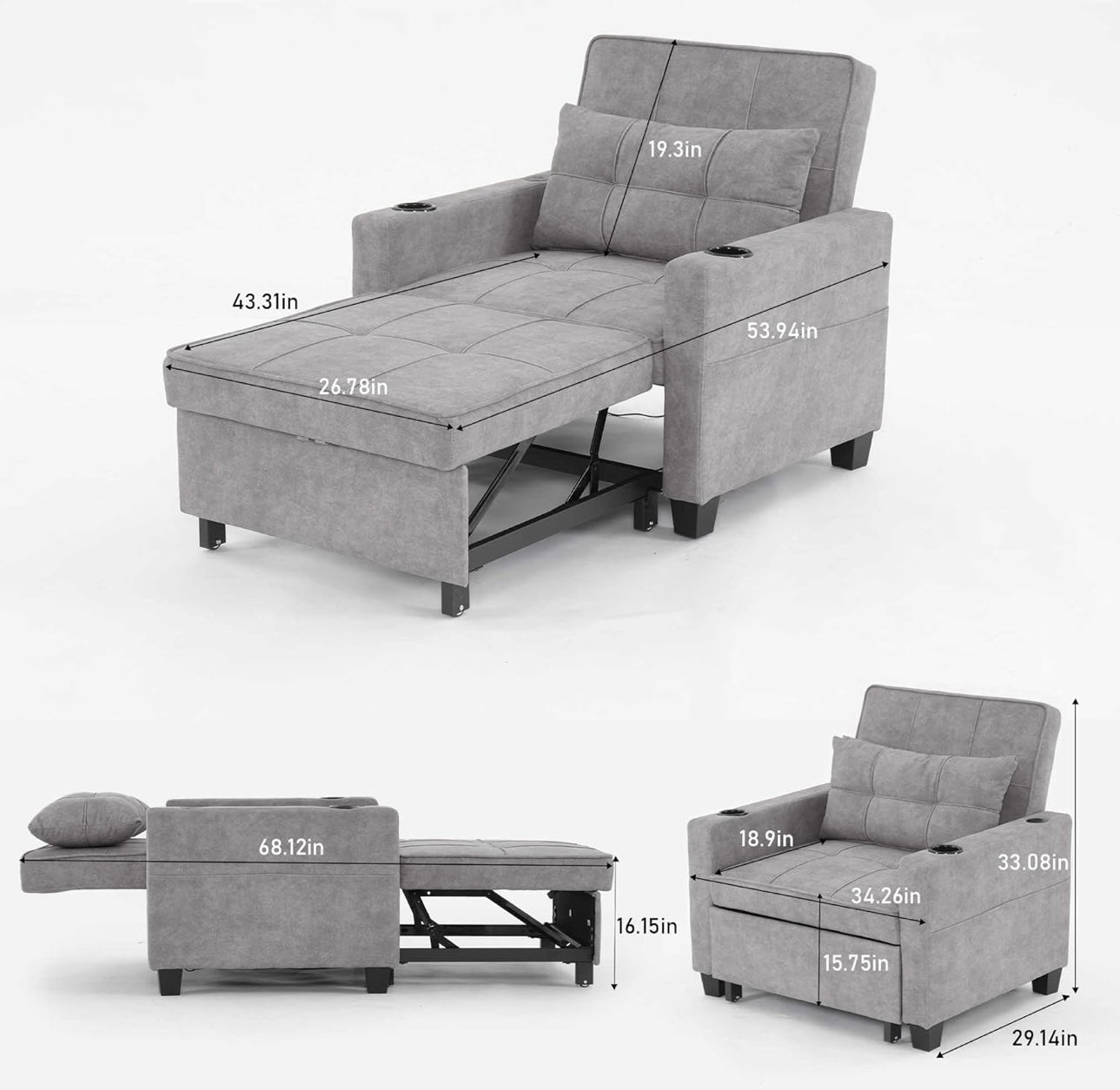 Futon Chair Bed: 3-in-1 Convertible Sleeper Chair With Usb Ports, Wear-resistant And Anti-scratch (dark Grey)