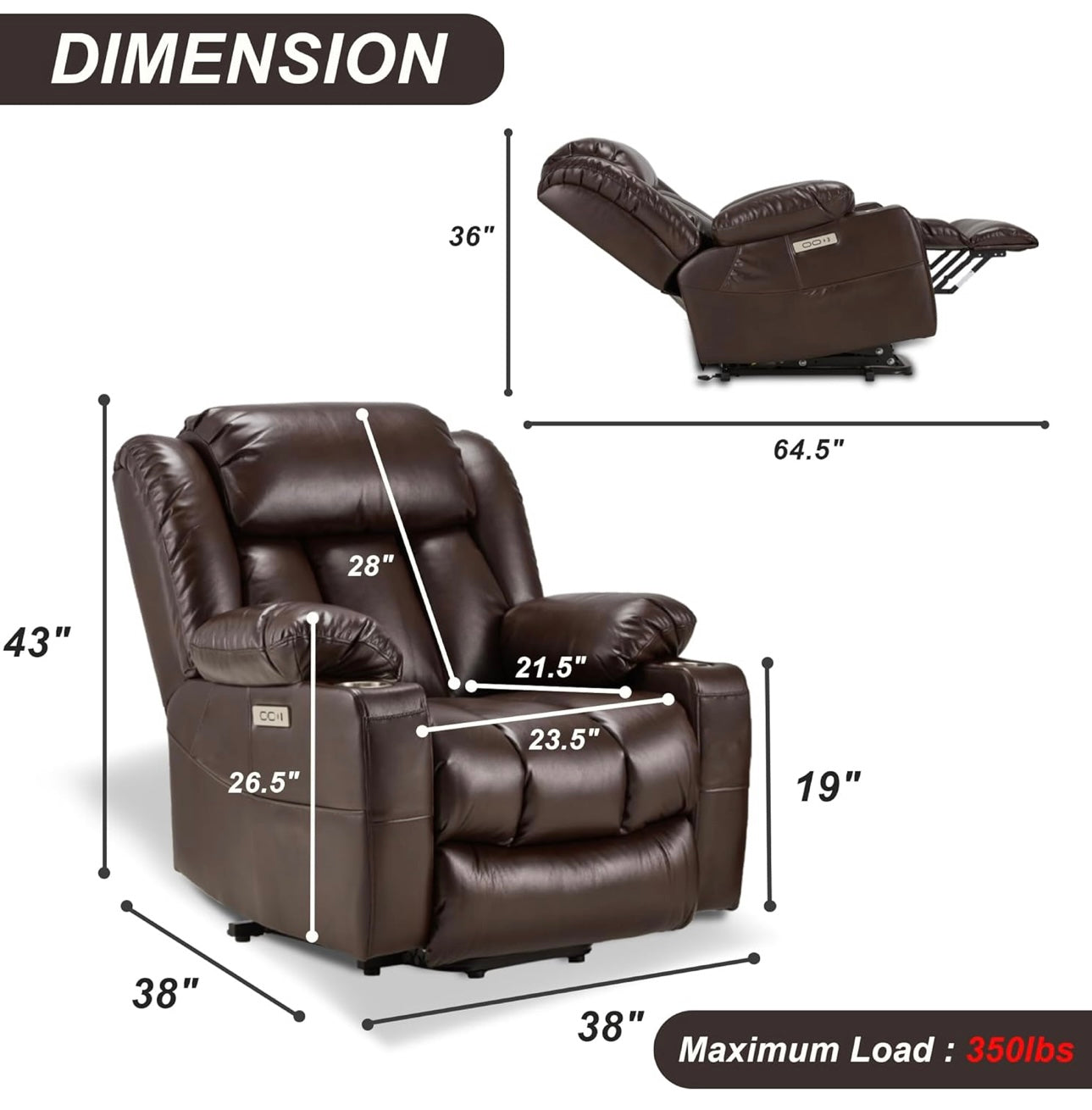 Large Power Lift Recliner Chair with Massage and Heat for Elderly, Overstuffed Wide Recliners, Genuine Leather with Breathable microporous, USB Ports, 2 Cup Holders (Brown)