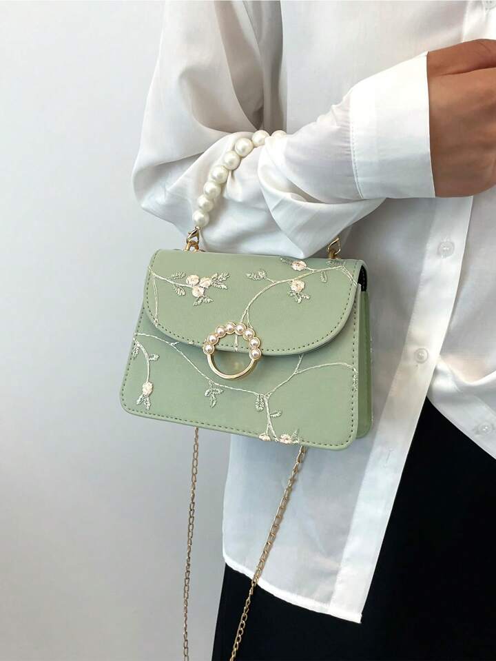 Faux Pearl Handle Top Green Floral Embroidery crossbody mini bag