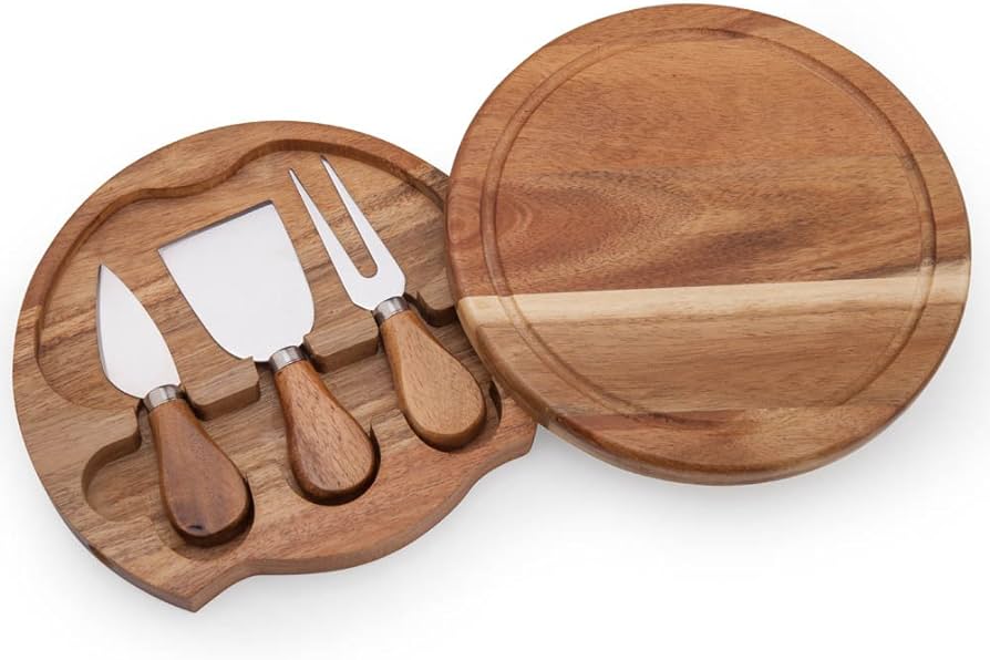 Round Slide-Out Acacia Wood Cheese Serving Board and 3 Piece Cheese Tool Set, 7.5 inch Diameter, Ideal for Outdoor Picnic Housewarming Kitchen Personalized Gift