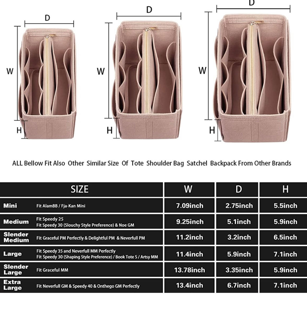 Purse Organizer Insert, with zipper, Handbag & Tote Shaper,Beige