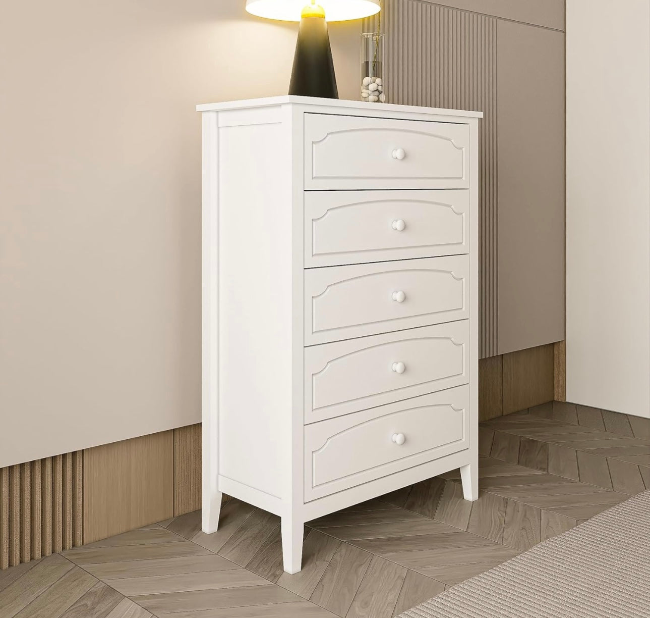 White Contemporary Roman Style, Solid Wood 5 Drawers Chest