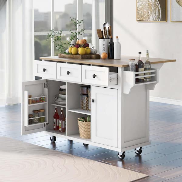 White Rubber wood Drop-Leaf Counter top 53 in. Kitchen Island on 5-Wheels with Storage Cabinet and 3 Drawers
