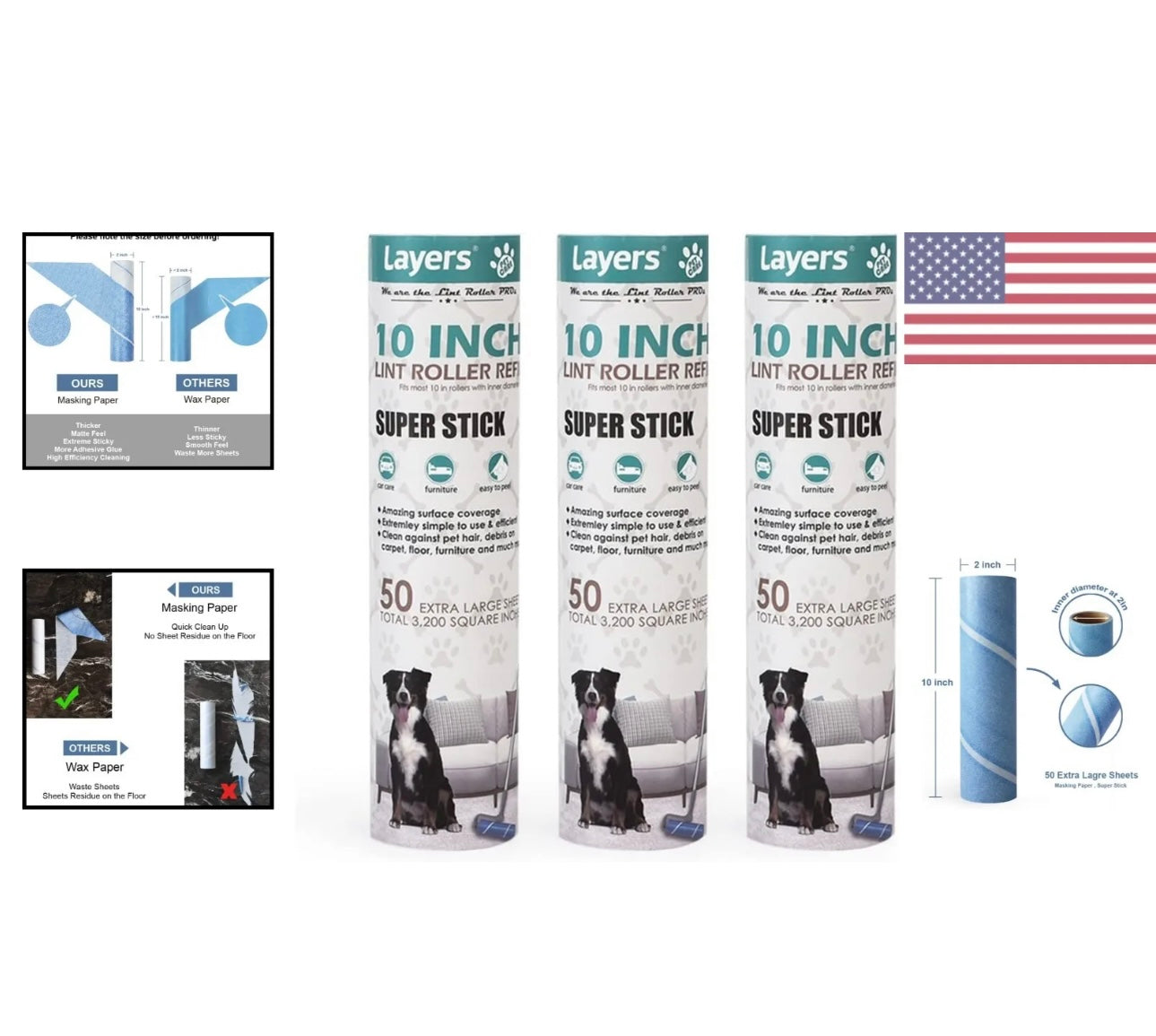 Universal Fit Lint Roller Refill - 10-inch Wide Coverage, Sticky - 3 Packs