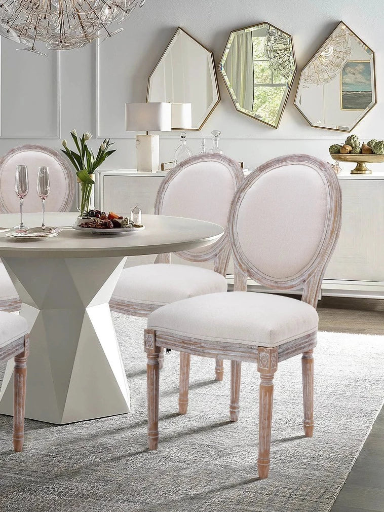 French Country Vintage Dining Chairs with Round Back, Solid Wood Legs, Accent Side, Upholstered for Farmhouse, Dining Room, Kitchen/Living Room/Bedroom-Classic Beige
