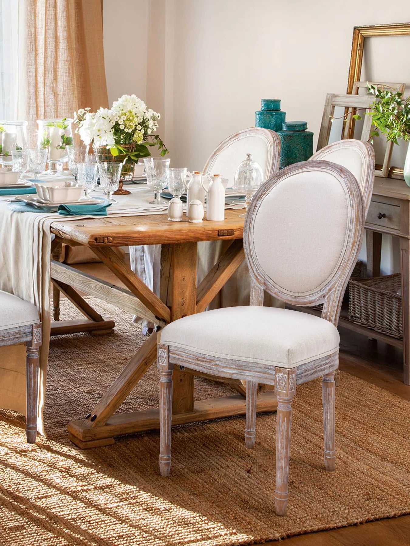 French Country Vintage Dining Chairs with Round Back, Solid Wood Legs, Accent Side, Upholstered for Farmhouse, Dining Room, Kitchen/Living Room/Bedroom-Classic Beige