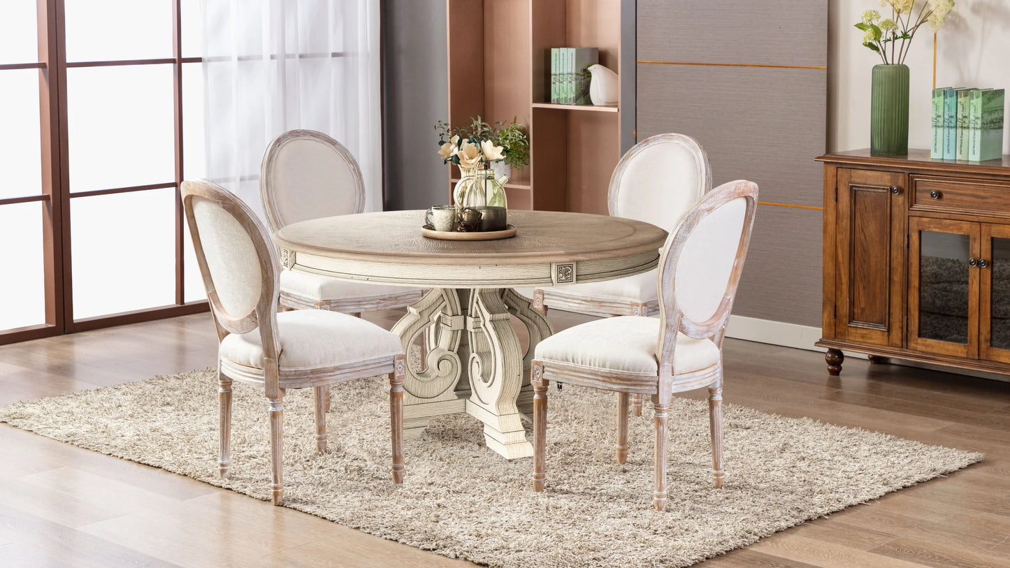French Country Vintage Dining Chairs with Round Back, Solid Wood Legs, Accent Side, Upholstered for Farmhouse, Dining Room, Kitchen/Living Room/Bedroom-Classic Beige