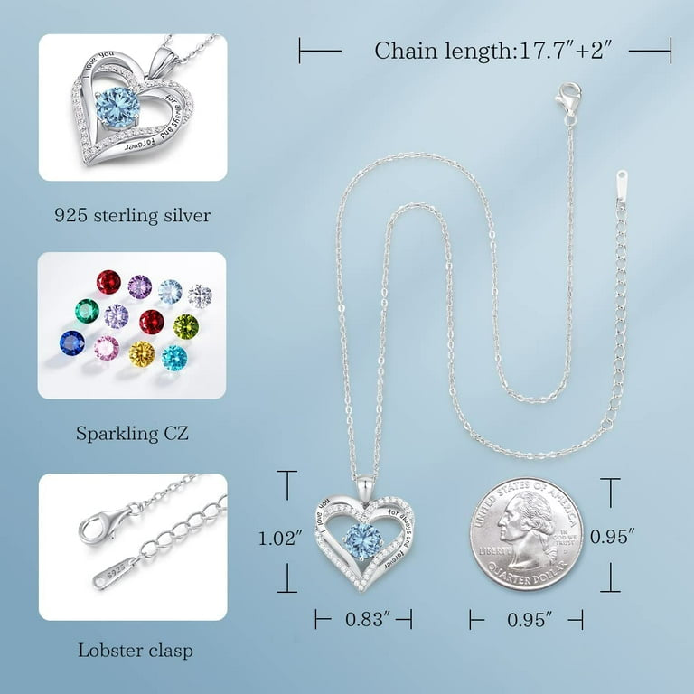 Forever Love Heart Pendant Necklaces for Women 925 Sterling Silver with Birthstone Zirconia, Christmas Birthday Anniversary Jewelry Gift for Women Wife Girls Her