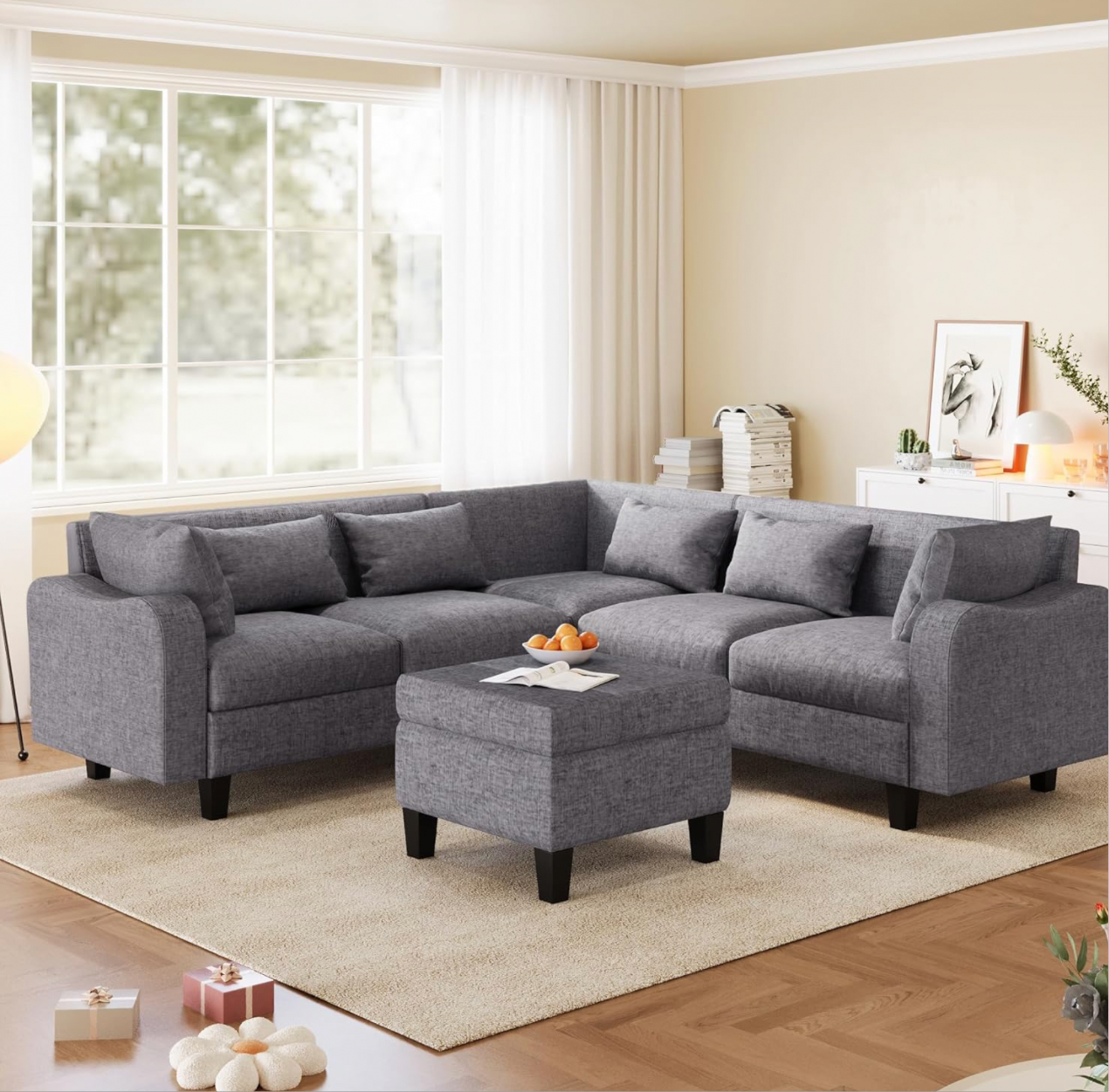 87" Modern Linen L Shape Sectional Sofa with Coffee Table,Sectional Couch with Storage Ottoman