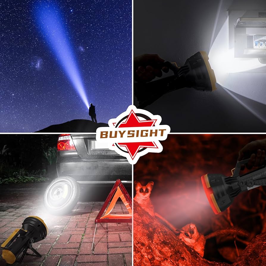 Rechargeable Spotlight Flashlight, 1000,000 lumens 600 Yards Range IP65 Waterproof Spot Lights Handheld Large searchlight with red Lens Side Flood Light Light USB C Recharge (Bright Yellow)