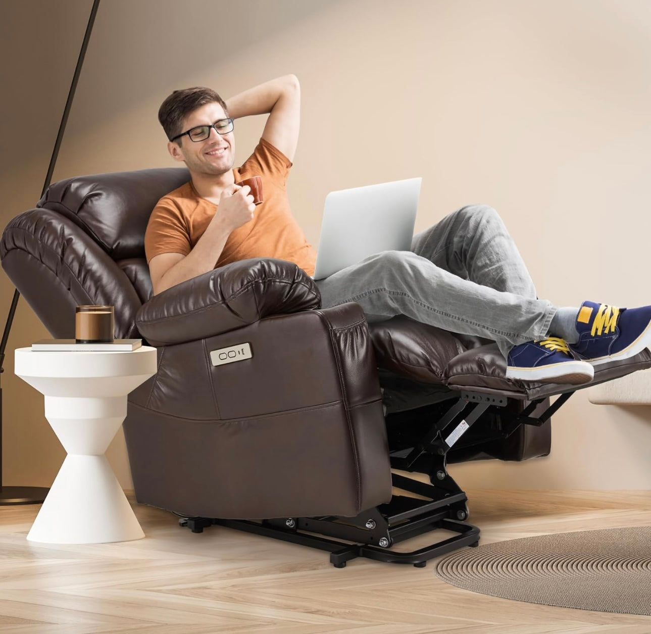 Large Power Lift Recliner Chair with Massage and Heat for Elderly, Overstuffed Wide Recliners, Genuine Leather with Breathable microporous, USB Ports, 2 Cup Holders (Brown)