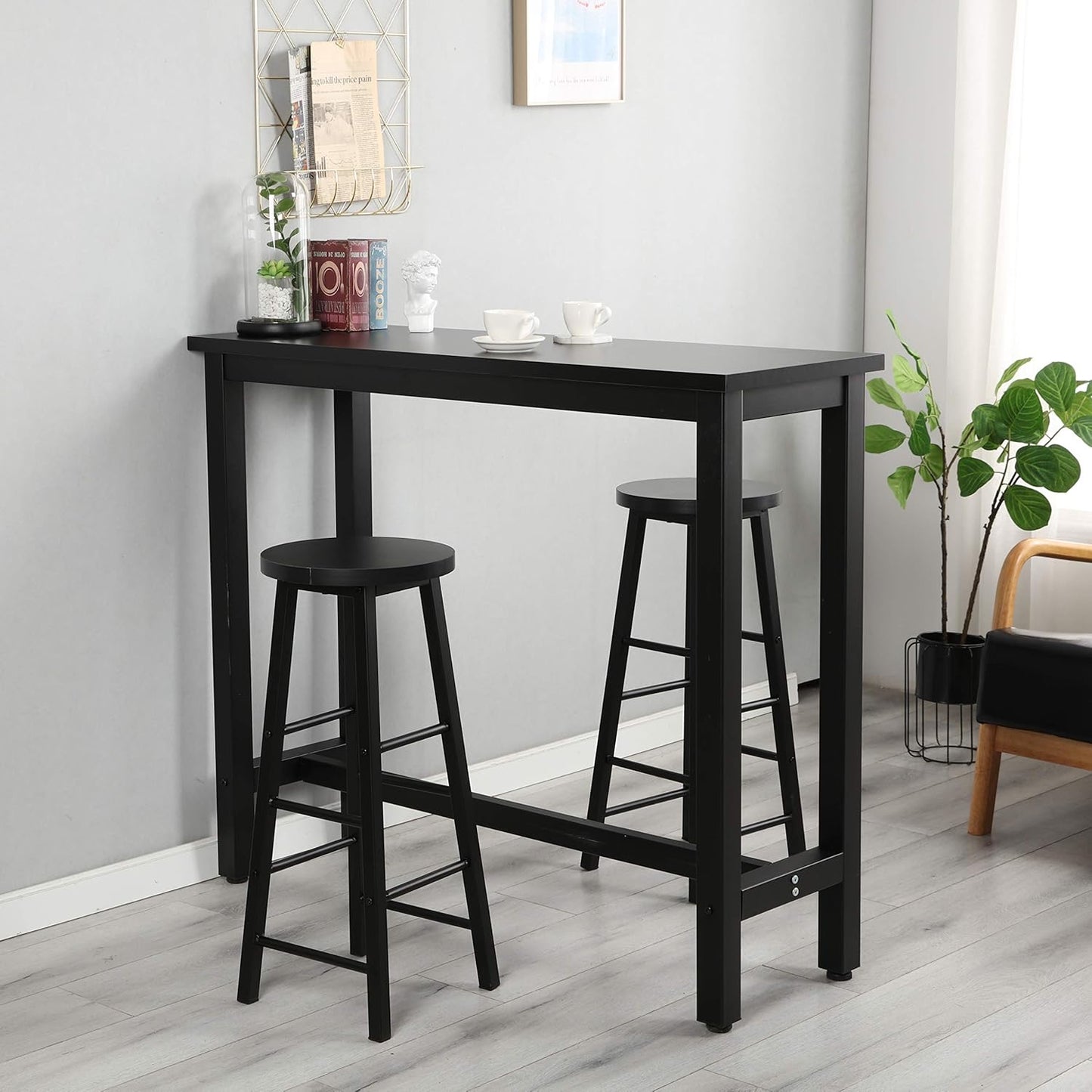 3pcs Counter Height Bar Table with 2 Bar Stools for Home Kitchen Office, Kitchen Breakfast Dining Table with Sturdy Metal Frame, Round Top Stools with Footrests, Black