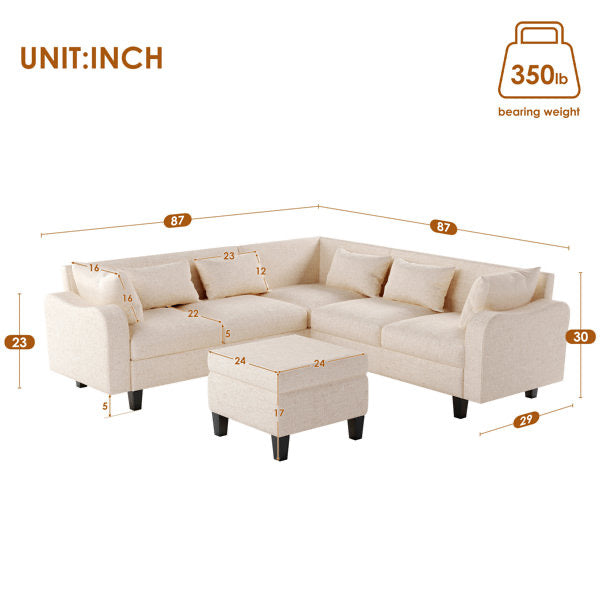 87" Modern Linen L Shape Sectional Sofa with Coffee Table,Sectional Couch with Storage Ottoman