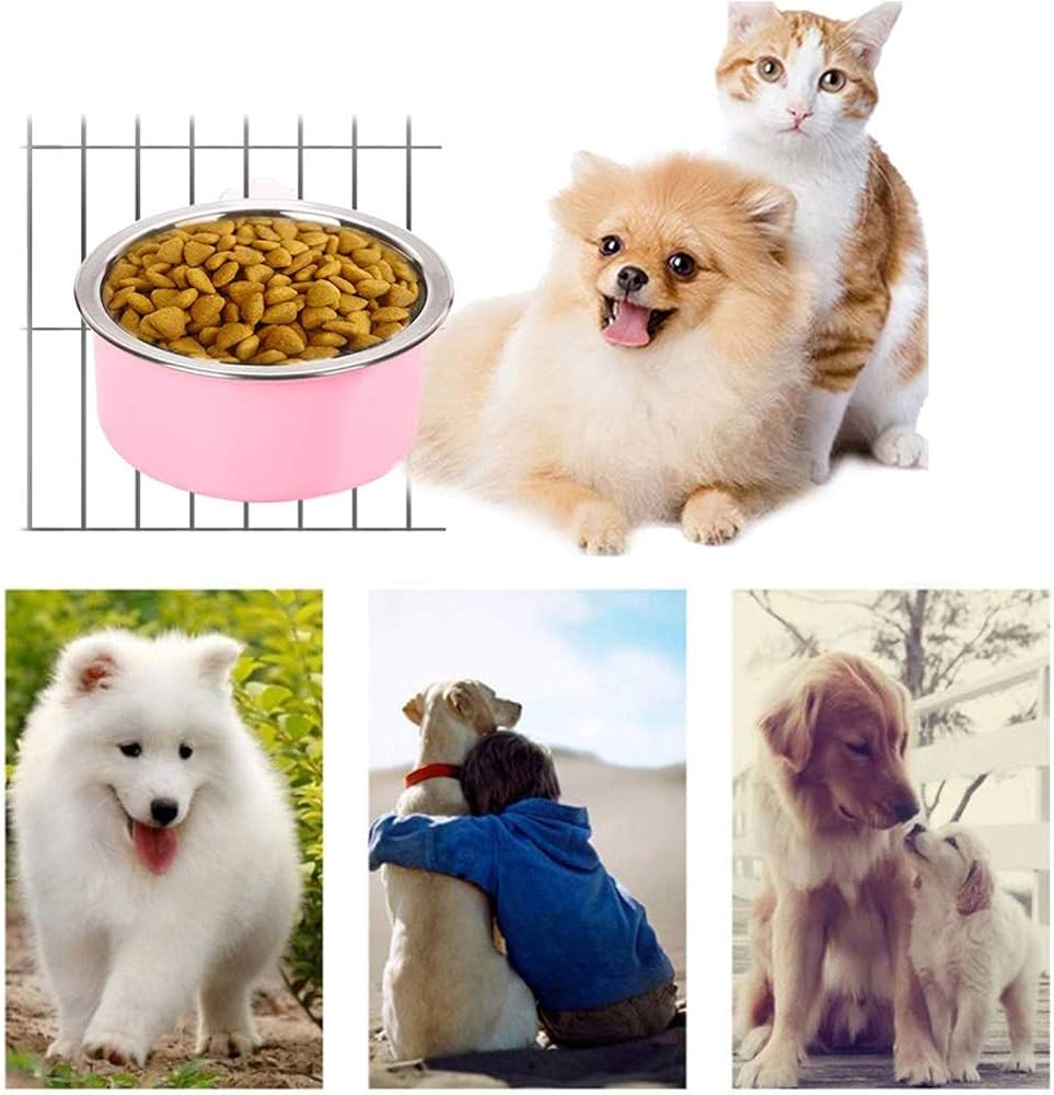 3 PCS Set Crate Dog Food Water Bowls, 2-in-1 Plastic Kennel Bowl & Stainless Steel Pet Bowl, Removable Hanging Cat Food Bowls, Feeder Coop Cup Perfect for Cat, Puppy, Birds, Rats, Ferret, Guinea Pigs.