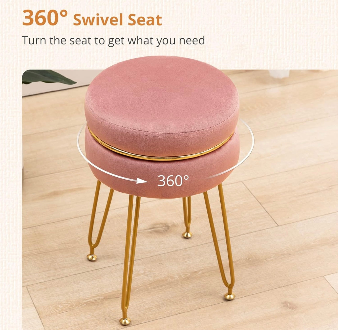Vanity Stool Chair, 360°Swivel Pink Velvet Makeup Stool, Small Round Makeup Foot Stool Rest Ottoman with Gold Metal Legs, Upholstered Padded Stool for Makeup Vanity, Living Room