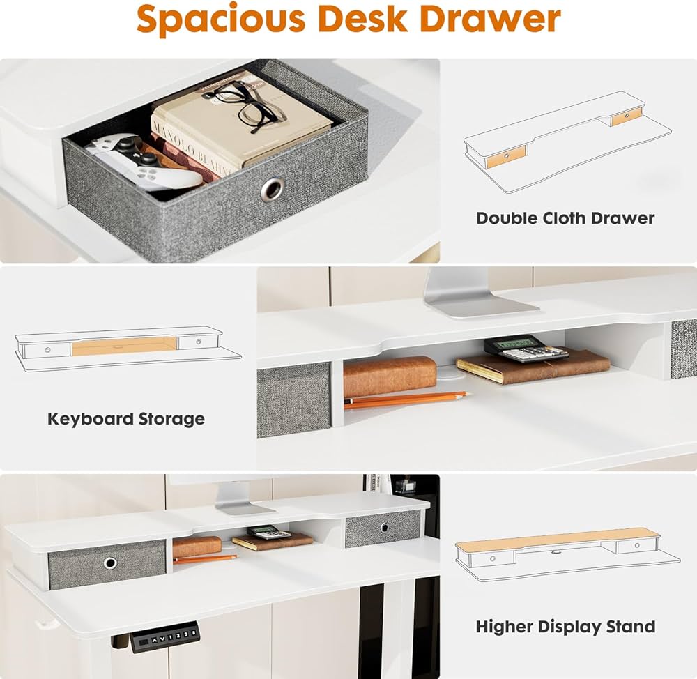 55" X 24" Inch Electric Standing Desk Adjustable Height Stand Up Desk, Sit Stand Desk Adjustable Desk, Home Office Computer Desk With Storage Shelf, Double Drawer,Splice Board,2 Hook