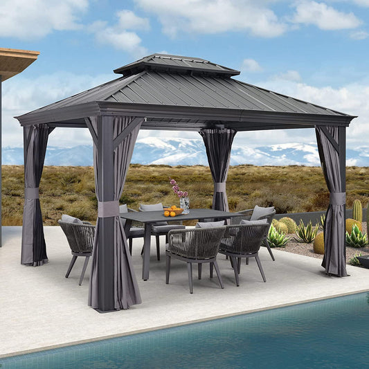 10x12 ft PURPLE LEAF Patio Gazebo for Backyard Grey Hardtop Galvanized Steel Roof Awning with Upgrade Curtain