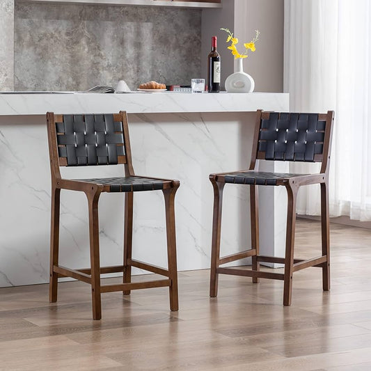 29'' Woven Bar Stools Midcentury Modern Kitchen Barstool with Faux Leather Straps, Stool Chair for Dining Room Kitchen Island High Table, Black