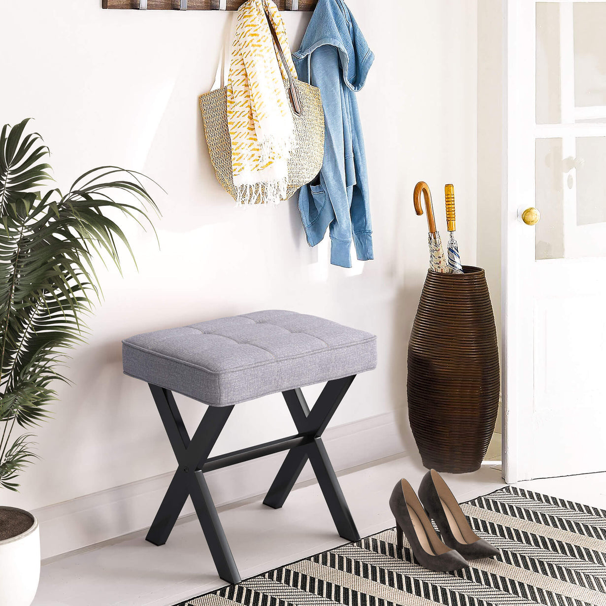 Vanity Stool, Square Linen Makeup Stool with Metal X Legs, Small Ottoman Stool Chair for Vanity, Modern Padded Vanity Seat Foot Rest Stool for Makeup Room, Living Room, Bathroom, Dark Gray