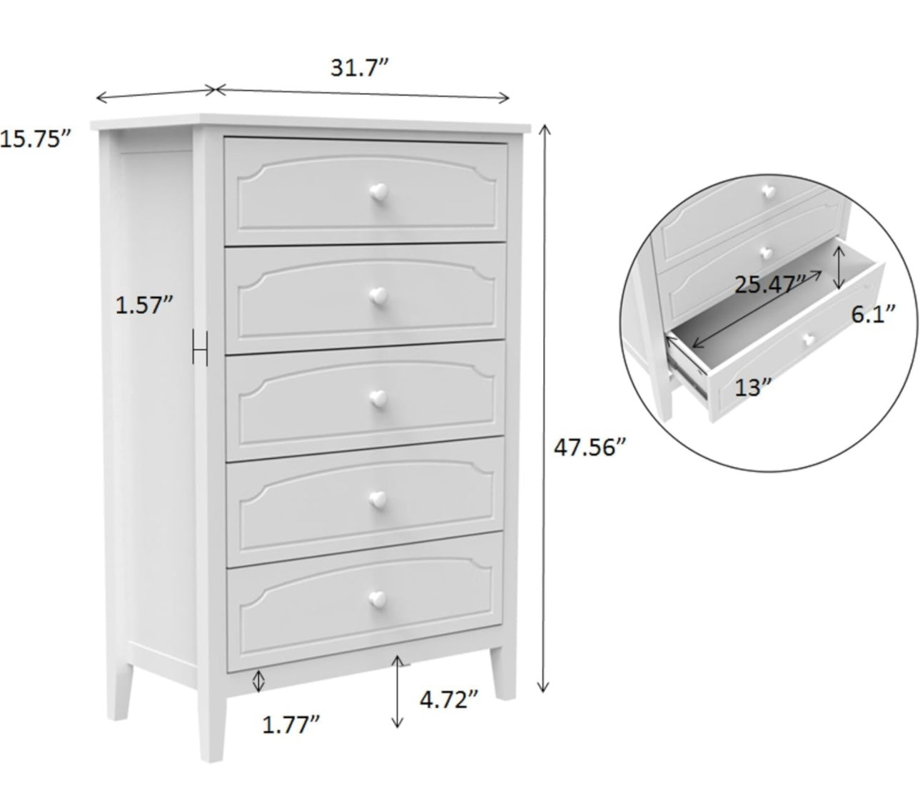 White Contemporary Roman Style, Solid Wood 5 Drawers Chest