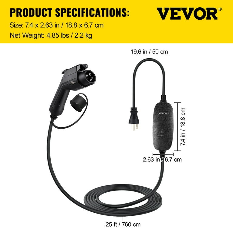 VEVOR Level 1+2 EV Charger, 15 Amp 110-240V, Portable Electric Vehicle Charger with 25 ft Charging Cable NEMA 6-20 Plug NEMA 5-15 Adapter, Plug-in Home EV Charging Station for SAE J1772 Electric Cars