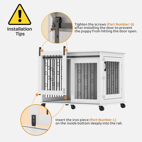 Large Dog Crate Furniture with Sliding Barn Door, 43.7" Wooden Dog Kennel End Table with Wheels and Flip-top Plate Dog House with Detachable Divider for Small/Medium/Large Dog (White)