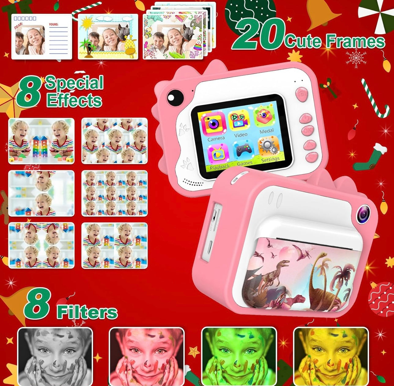 Kids Instant Print Camera with 3 Rolls Print Paper Toddler Zero Ink Video Camera Learning Toy Camera Gifts for Birthday Christmas Holiday Travel
