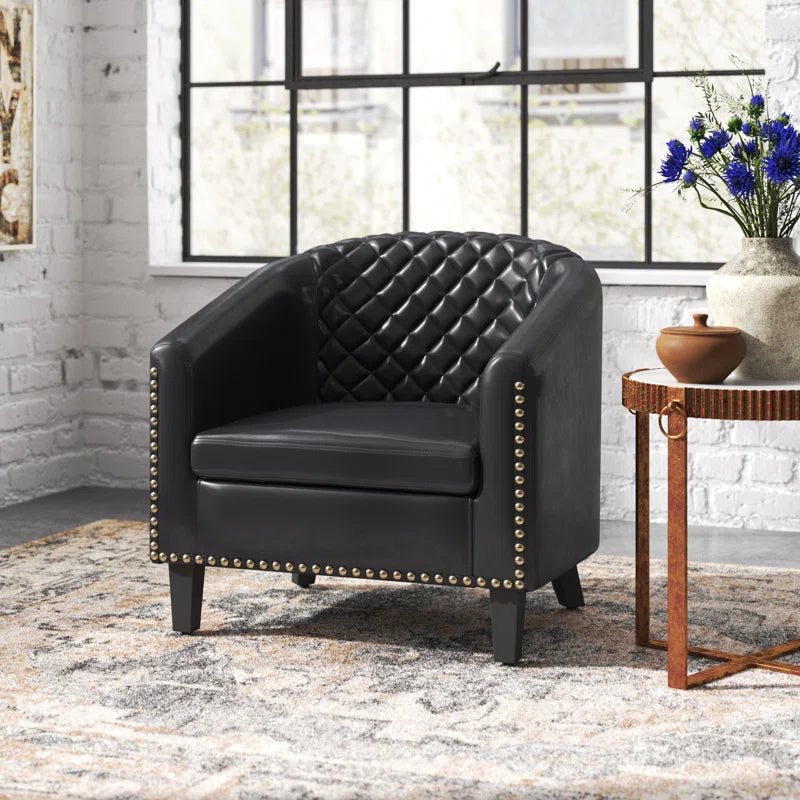Modern Barrel Accent Chair Round Arm Pu Leather with Nailheads and Solid Wood Legs for Living Room Black Contemporary Finish Includes Hardware