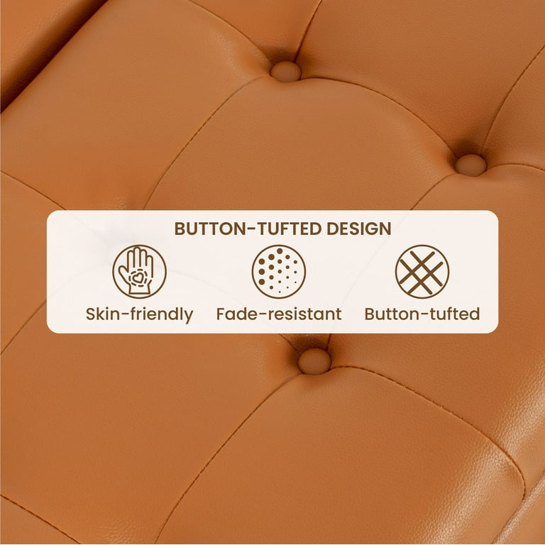 35-Inch Air Leather Tufted Upholstered Lift-Top Ottoman Bench, Large Square Storage Coffee Table for Living Room, Toy Box, Footrest Stool,White Ottoman with Spacious Interior Compartment-Caramel