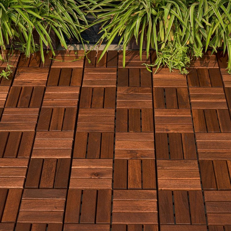 Solid Wood Patio Deck Tiles, Pack of 10, 12"x12" Square Interlocking Flooring Tiles, Acacia Wood Composite Decking Floor Tiles Indoor Outdoor, Floor Tile for Garden Poolside Backyards