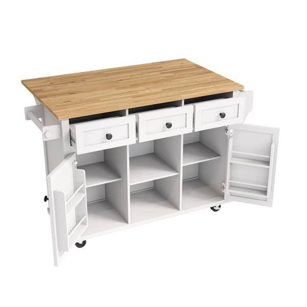 White Rubber wood Drop-Leaf Counter top 53 in. Kitchen Island on 5-Wheels with Storage Cabinet and 3 Drawers