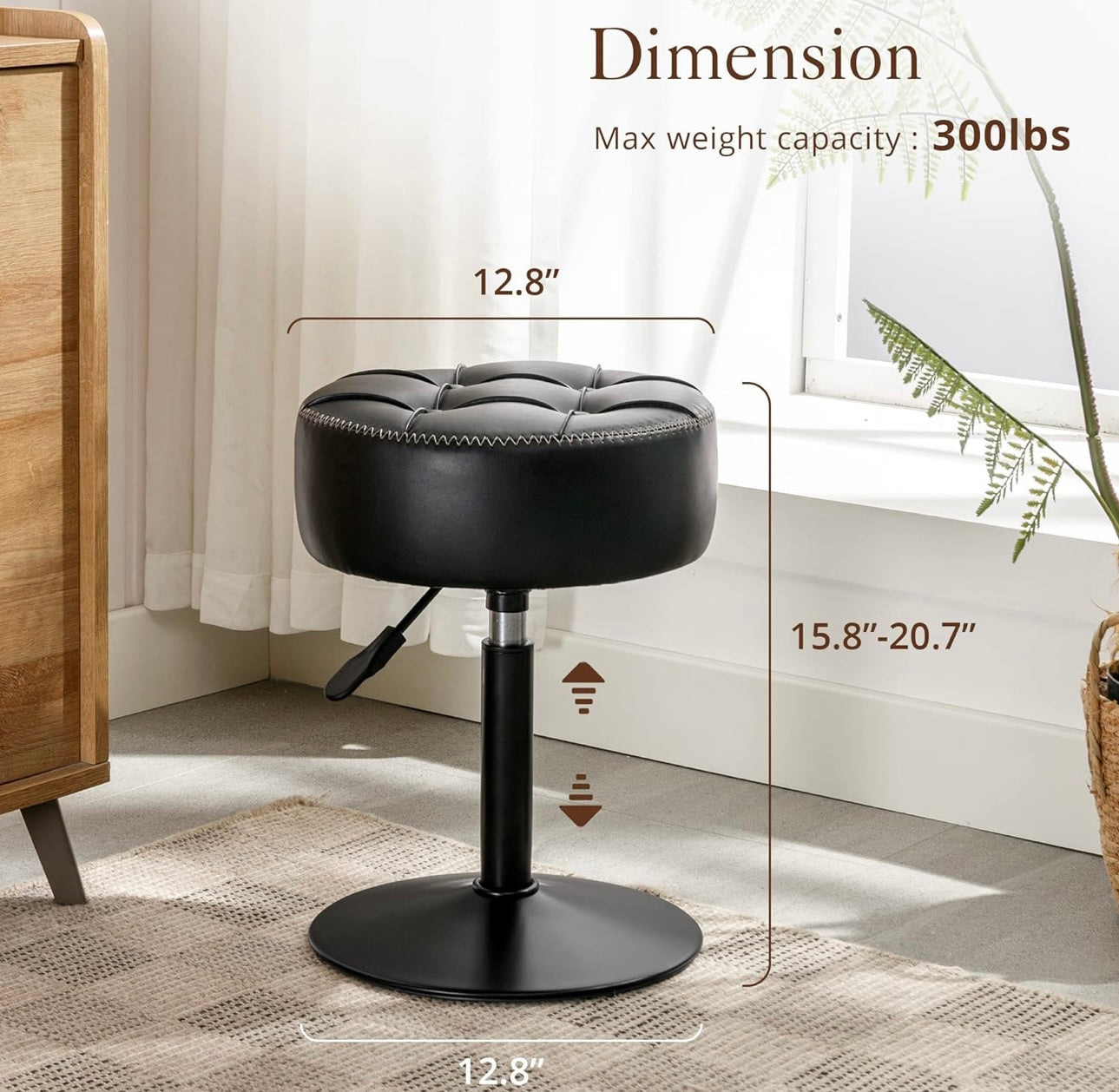 Adjustable Vanity Stool, 360°Swivel Vanity Chair Stool for Makeup Room, Black Stool Chair for Vanity, Small Faux Leather Vanity Stool for Bathroom, Living Room