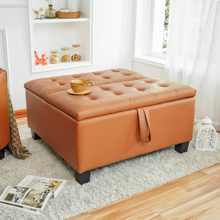 35-Inch Air Leather Tufted Upholstered Lift-Top Ottoman Bench, Large Square Storage Coffee Table for Living Room, Toy Box, Footrest Stool,White Ottoman with Spacious Interior Compartment-Caramel
