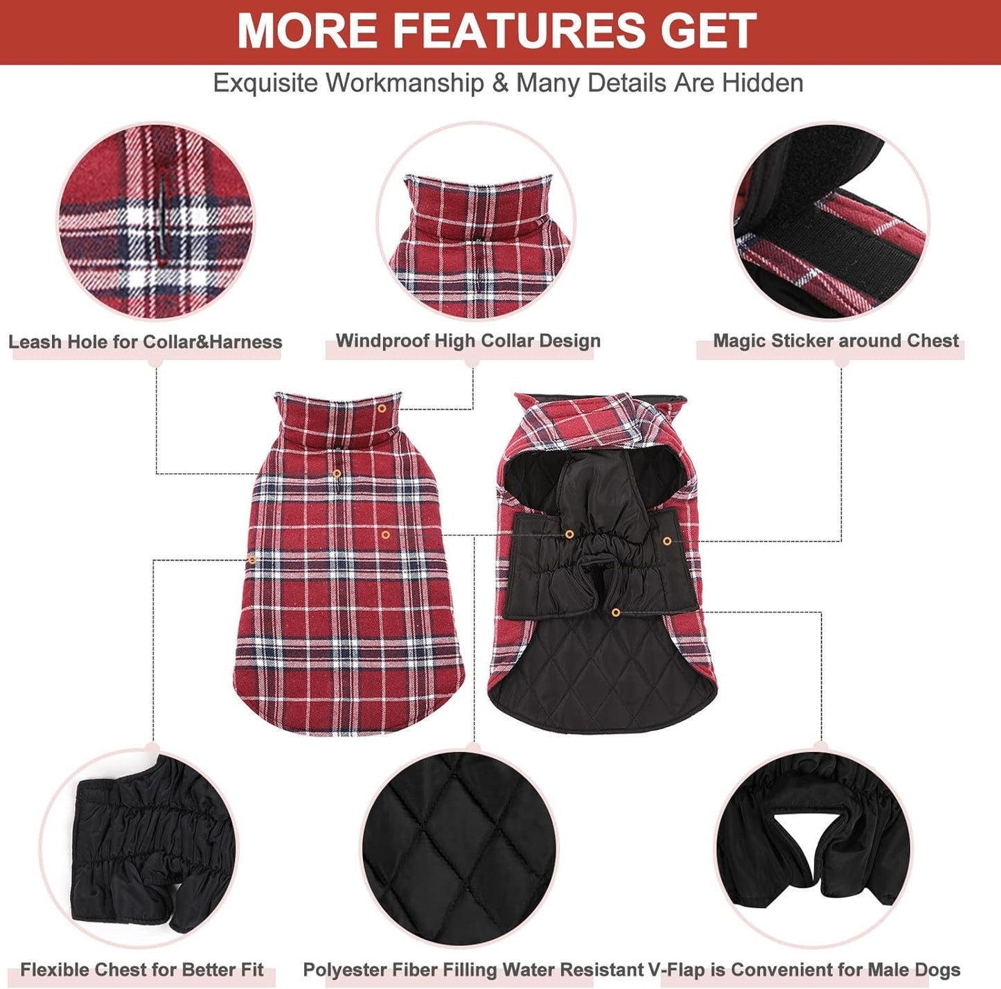Dog Jackets for Winter, Reversible Dog Coat Windproof Waterproof Dog Winter Jackets for Cold Weather, British Style Plaid Dog Coats Warm Dog Vest for Small Medium Large Dogs,Red