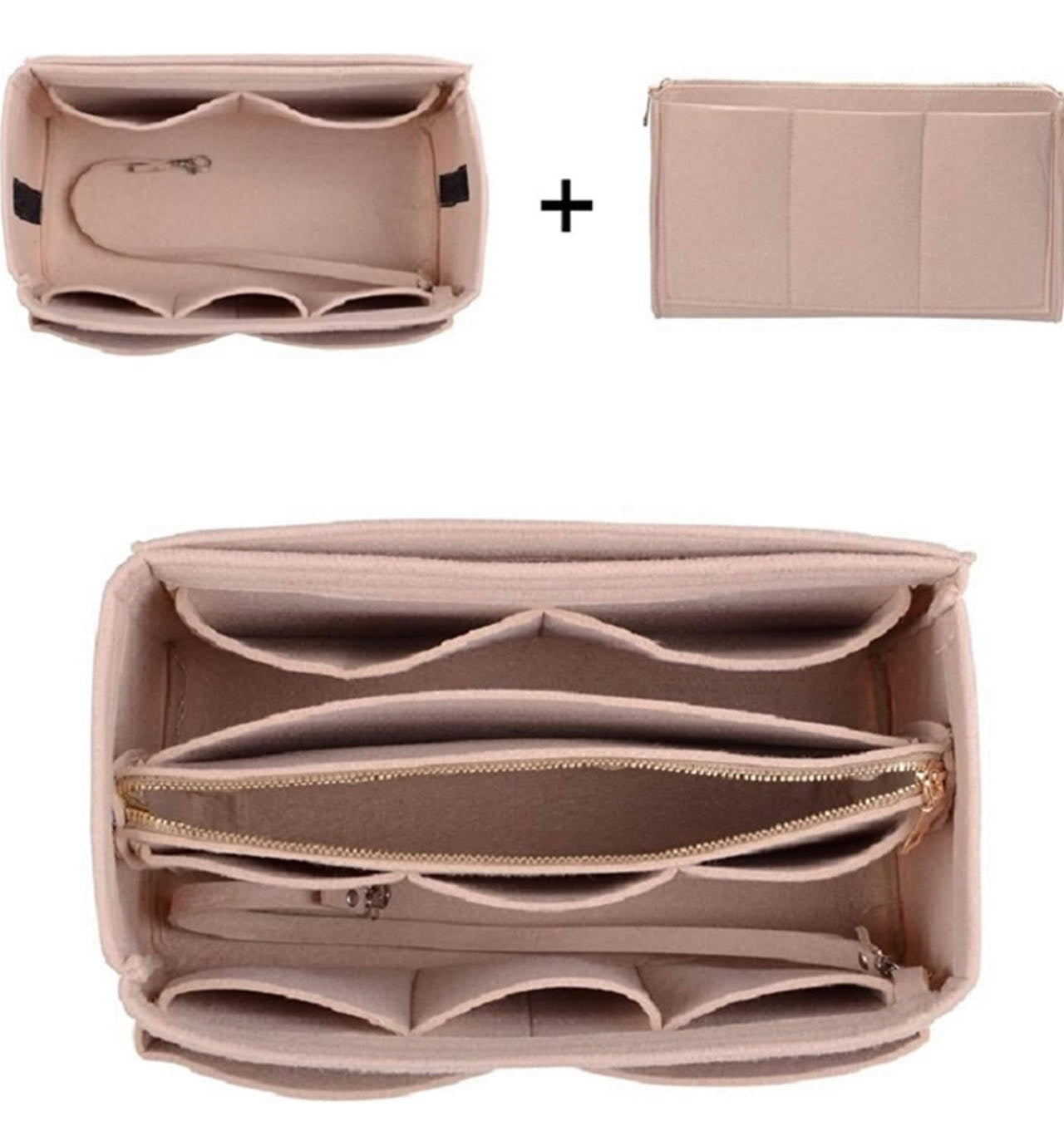 Purse Organizer Insert, with zipper, Handbag & Tote Shaper,Beige