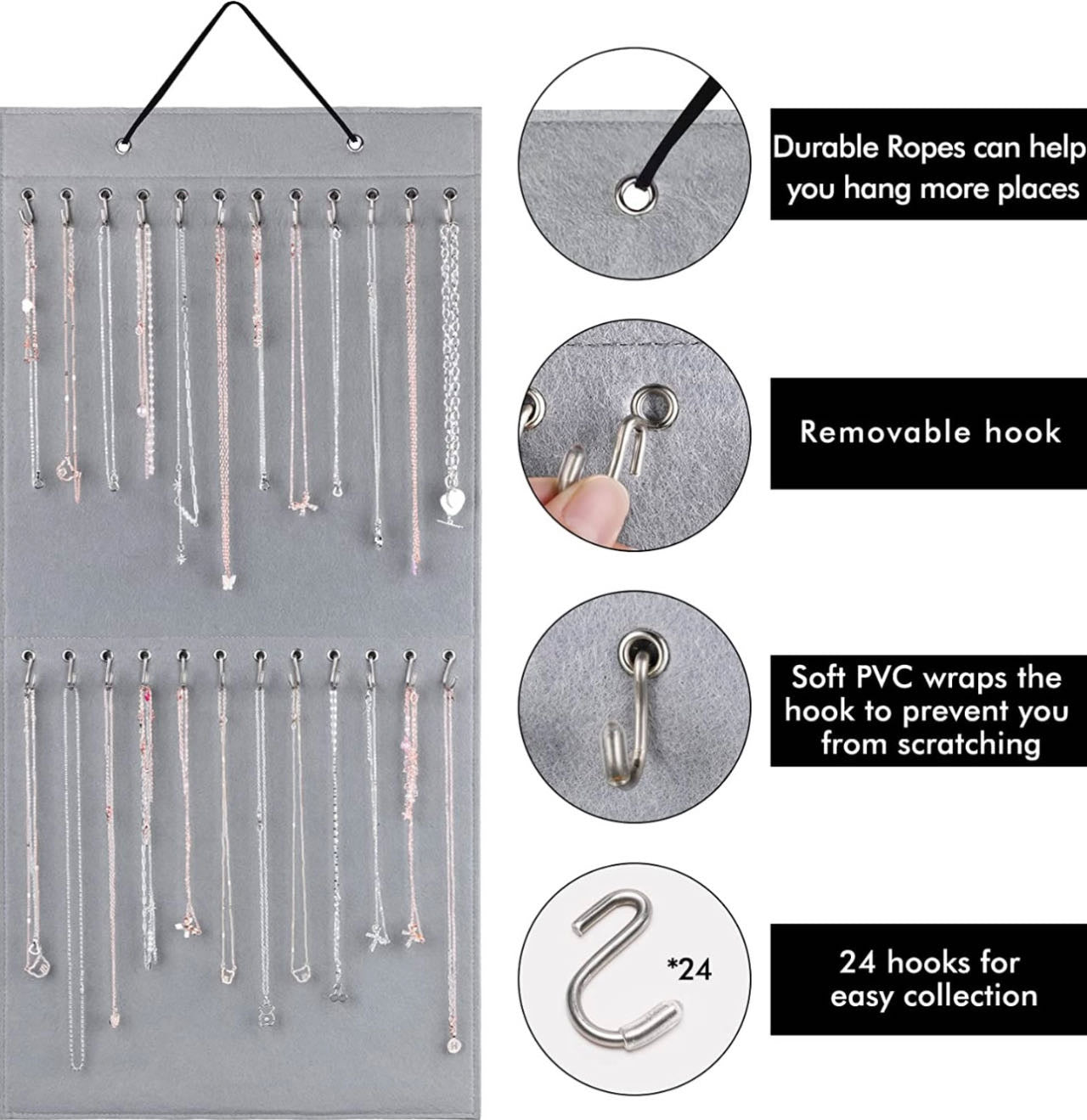 Jewelry Organizer Hanging Necklace Storage Holder 24 Hooks 1 pack Gray