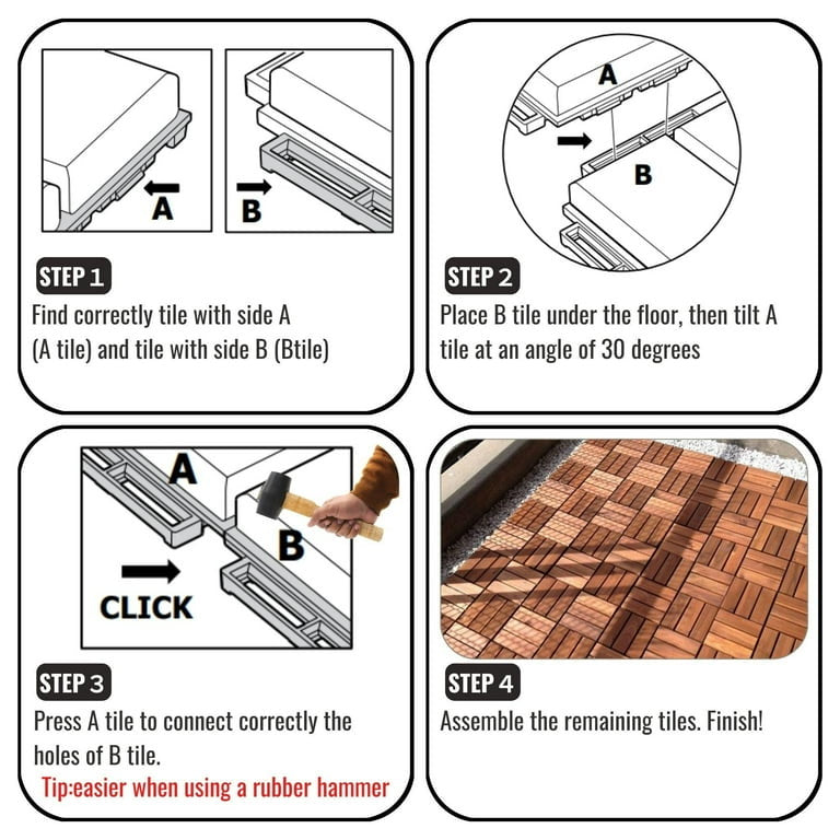 Solid Wood Patio Deck Tiles, Pack of 10, 12"x12" Square Interlocking Flooring Tiles, Acacia Wood Composite Decking Floor Tiles Indoor Outdoor, Floor Tile for Garden Poolside Backyards