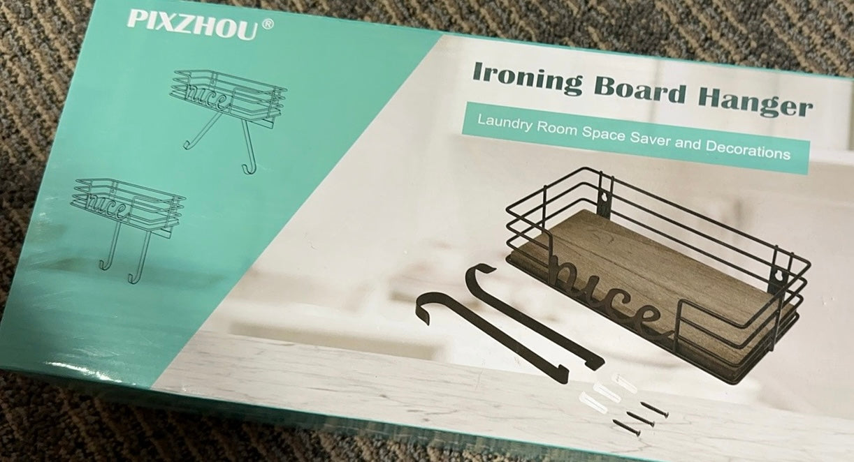 Ironing Board Hanger Wall Mount- Laundry Room Decor- Iron and Ironing Board Holder, Laundry Room Organization and Storage with Large Storage Dark Gray Wooden Base Basket and Removable Hooks