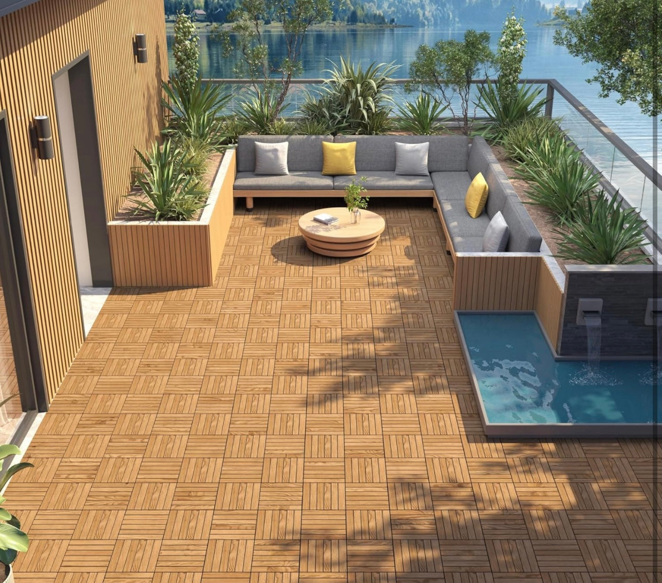 Pack of 9PCS Acacia Wood Interlocking Flooring Tiles Waterproof Flooring for Outdoor & Indoor Patio,Balcony,Garden,Poolside,12 × 12 in