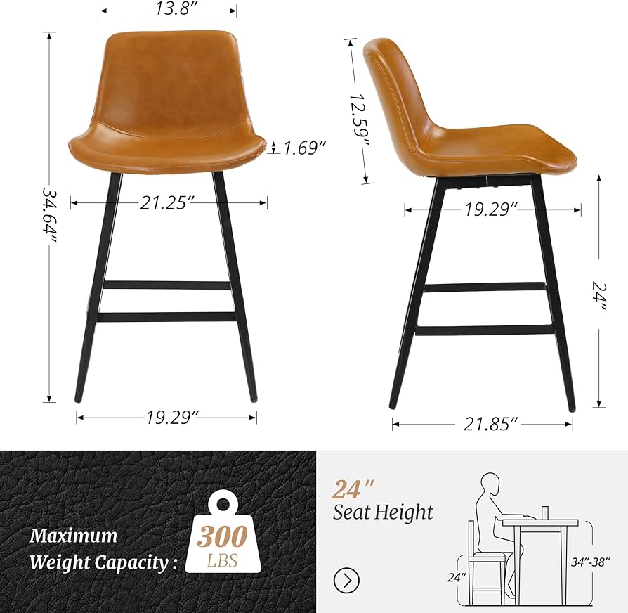 Set of 2 Armless Bar Stools,24",Upholstered Bar Stool with Back,Faux Leather Performance Material in Whiskey Brown, Dining Room Chairs with Metal Legs, Suitable for Home, Bistro Coffee Shop