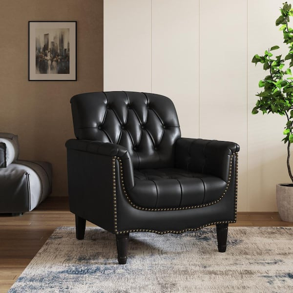 Mid-Century Black Faux Leather Button Tufted Accent Arm Chair with Wood Legs (Set of 1)