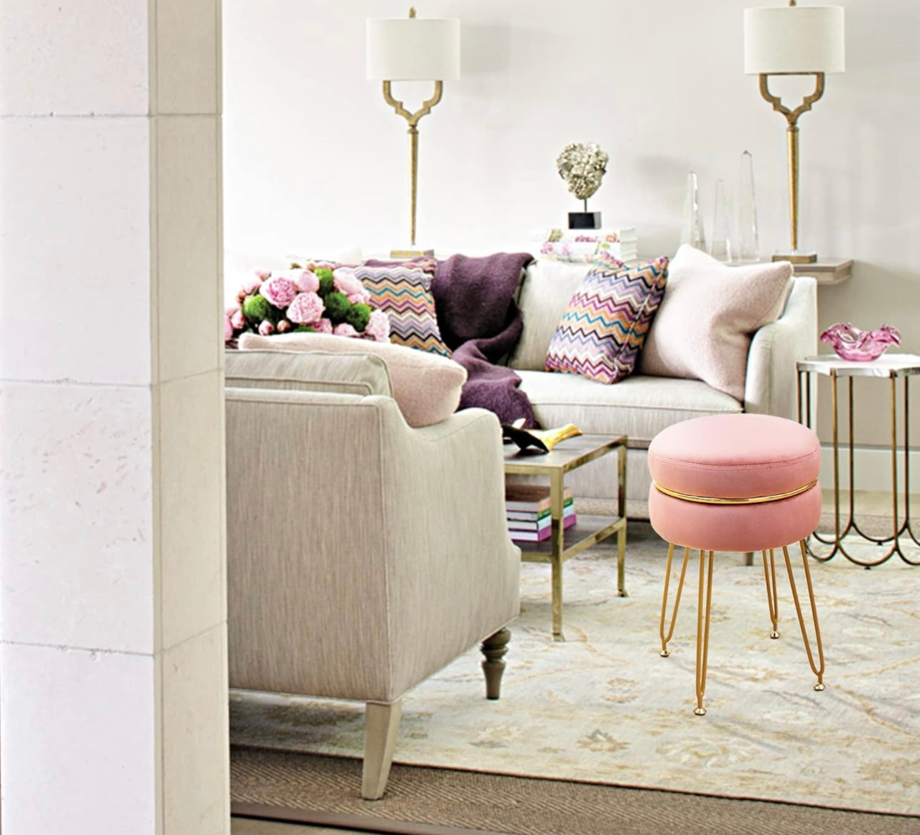 Vanity Stool Chair, 360°Swivel Pink Velvet Makeup Stool, Small Round Makeup Foot Stool Rest Ottoman with Gold Metal Legs, Upholstered Padded Stool for Makeup Vanity, Living Room