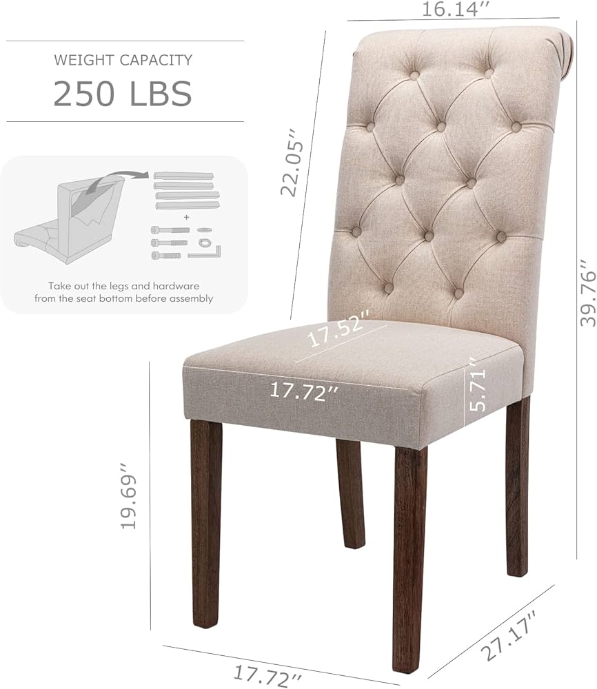 Tufted Dining Chairs. Elegant Fabric Side Upholstered Parsons, Wood legs.Beige
