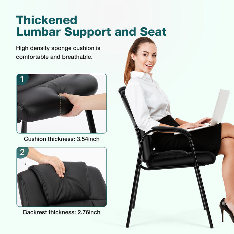 Reading Guest Chair - Black | Leather | Padded Arm Rest | Stackable Leather Seat Waiting Room Chair with Metal Frame