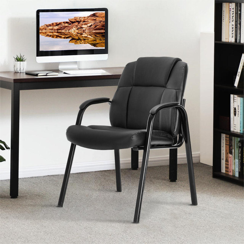 Reading Guest Chair - Black | Leather | Padded Arm Rest | Stackable Leather Seat Waiting Room Chair with Metal Frame