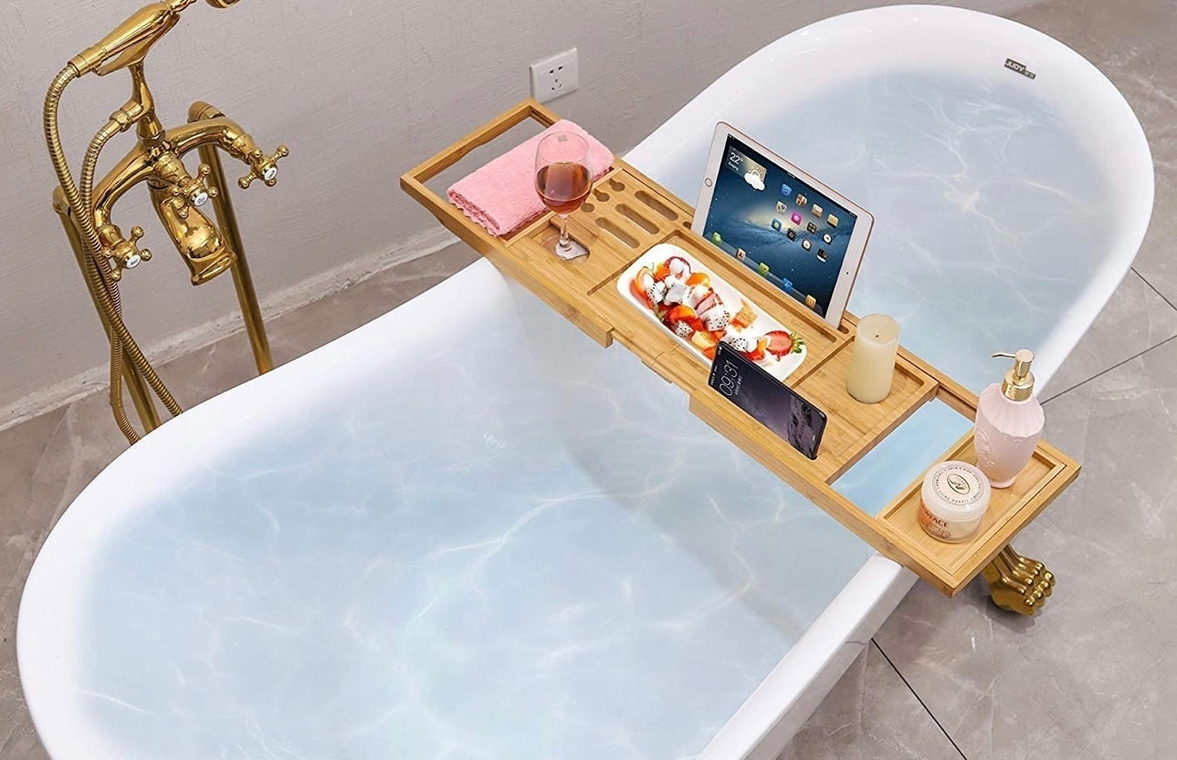 Bathtub Expandable Bamboo Tray, with Book Holder,Soap Dish, Wine Glass Slot