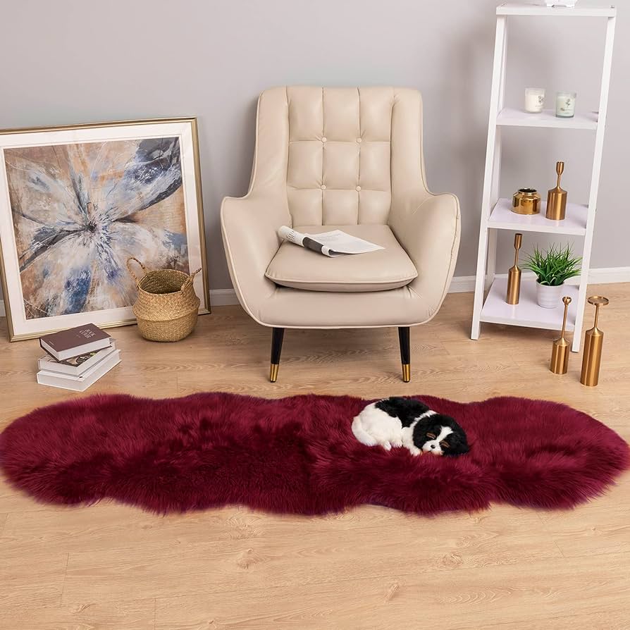 Luxury Soft Faux Sheepskin Fur Chair Couch Cover Area Rug Bedroom Floor Sofa Living Room (2 x 6 ft, Burgundy)