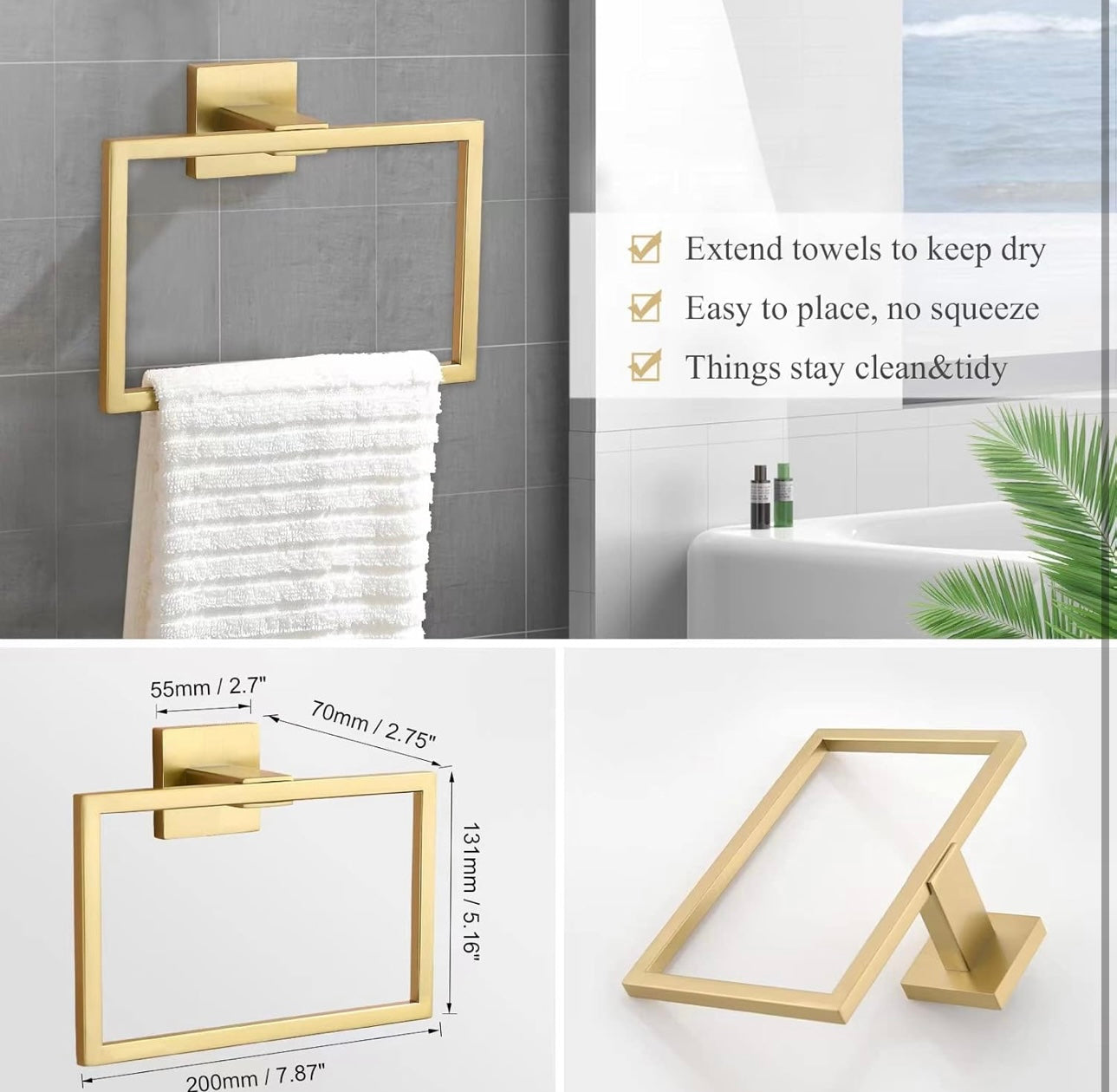 Bathroom Hardware Set Brushed Gold 5-Piece Towel Bar Set Include 24 Inch Towel Bar Towel Ring Toilet Paper Holder and 2 Robe Hooks 304 Stainless Steel Towel Rack Set Wall Mount