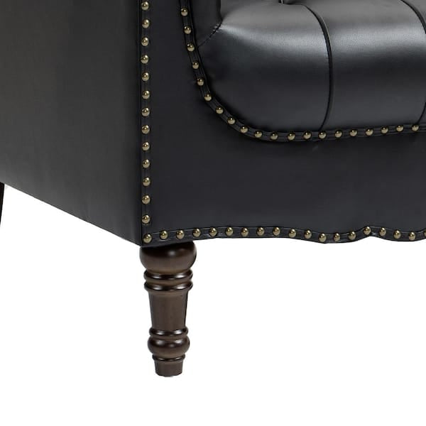 Mid-Century Black Faux Leather Button Tufted Accent Arm Chair with Wood Legs (Set of 1)